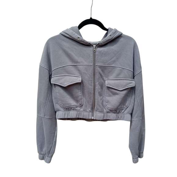 Urban Outfitters Yogi Fleece Gray Cropped Hoodie Sweatshirt Zip Up Sz Medium - Picture 1 of 7